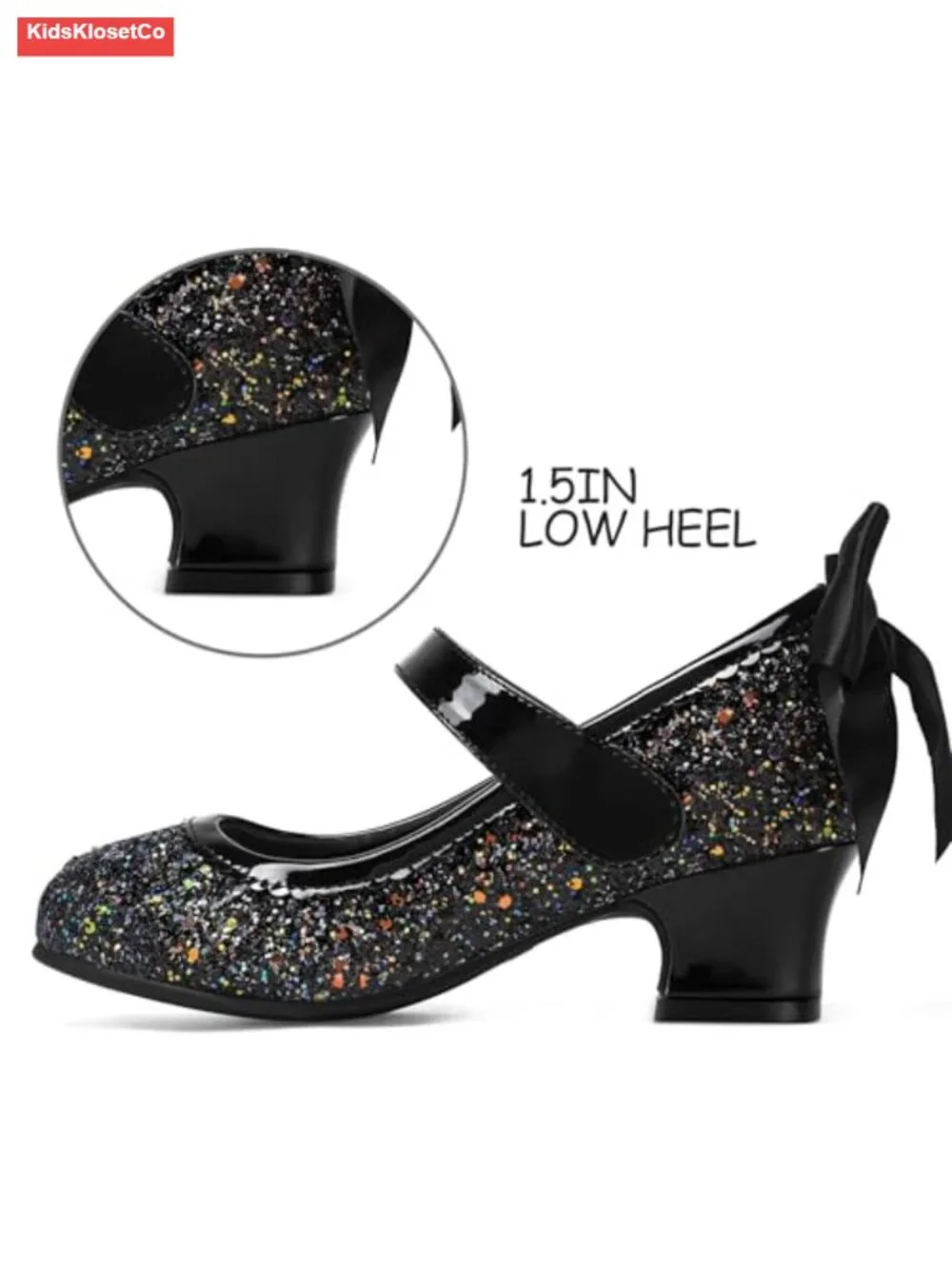 Girls Glitter Mary Jane Heels Low Block Heel Hook Loop Princess Dress Shoes